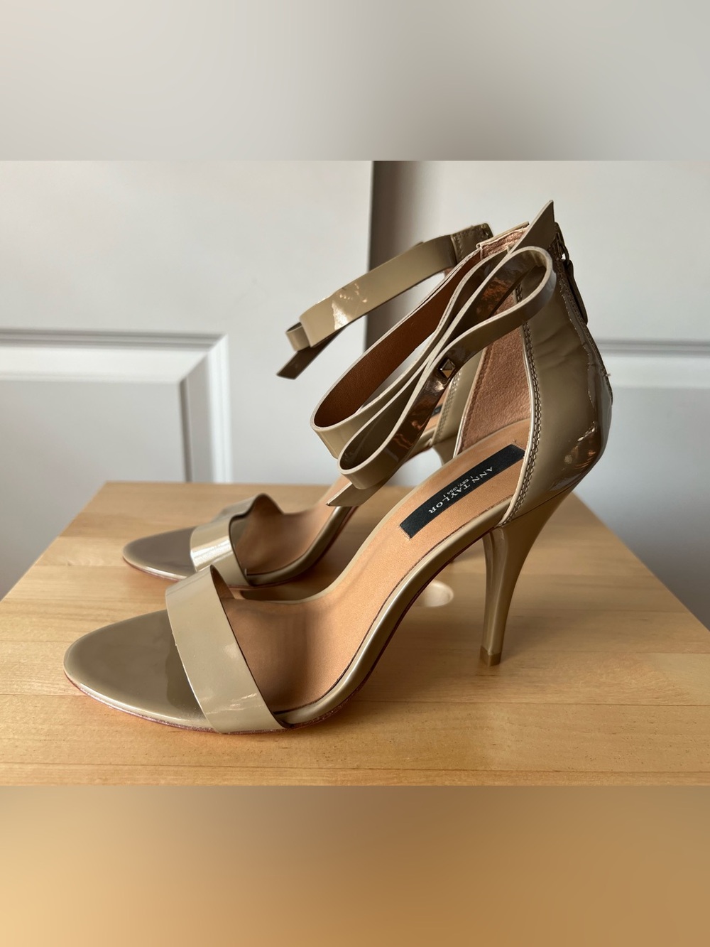 Ann Taylor Beige Patent Leather Ankle-Strap Heels with Bow